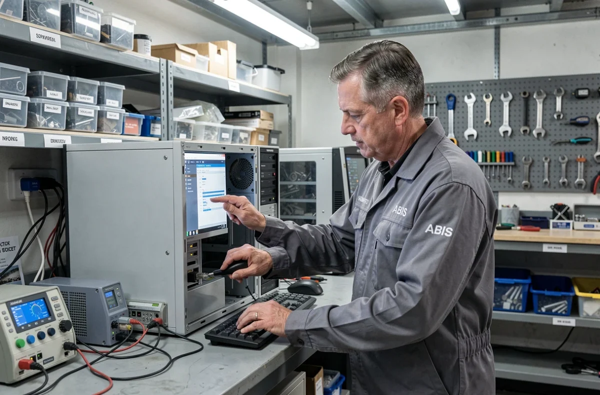 Technicien ABIS effectuant un diagnostic complet sur un ordinateur de bureau dans son atelier professionnel