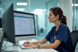 Une administratrice hospitalière de l'AP-HP consulte le portail de messagerie intranet sur son ordinateur de bureau dans un bureau médical moderne