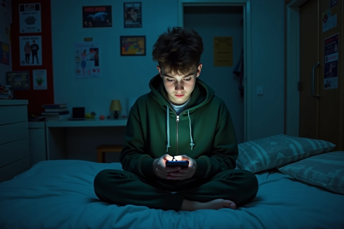 Adolescent utilisant son téléphone dans sa chambre le soir pour gérer un compte Instagram discret, questionnant les limites de la vie privée en ligne