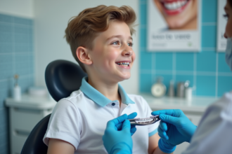 Jeune garçon souriant avec appareils dentaires dans un cabinet dentaire