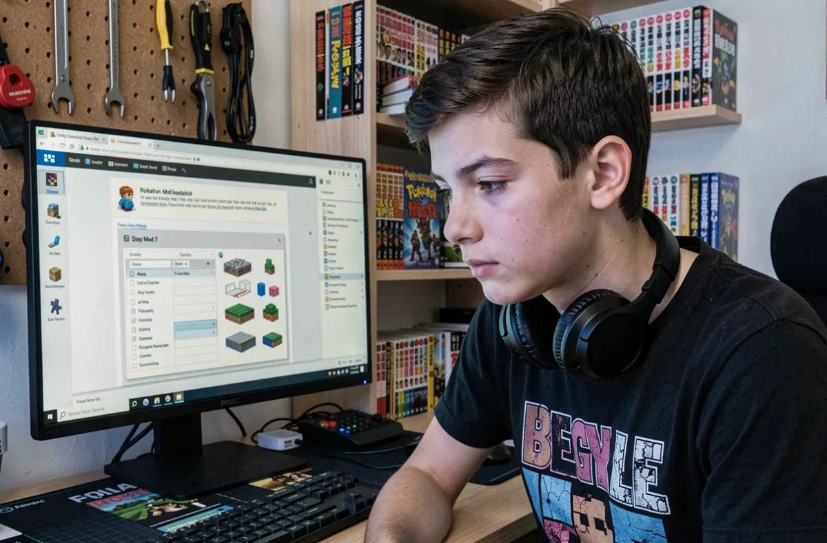 Adolescent concentré en train de suivre un tutoriel pour installer un mod Pokémon sur Minecraft sur PC
