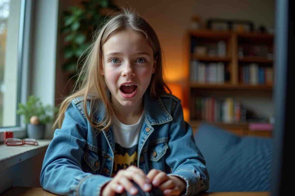 Jeune fille de 17 ans joue à un jeu vidéo avec enthousiasme