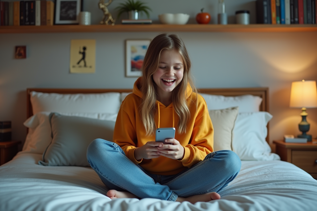 Jeune fille riant dans sa chambre avec son téléphone