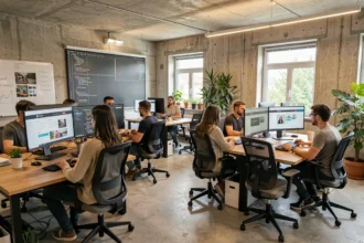 Vue panoramique d'une agence de développement web moderne dans le Doubs avec des professionnels collaborant autour d'écrans affichant du code et des maquettes de sites