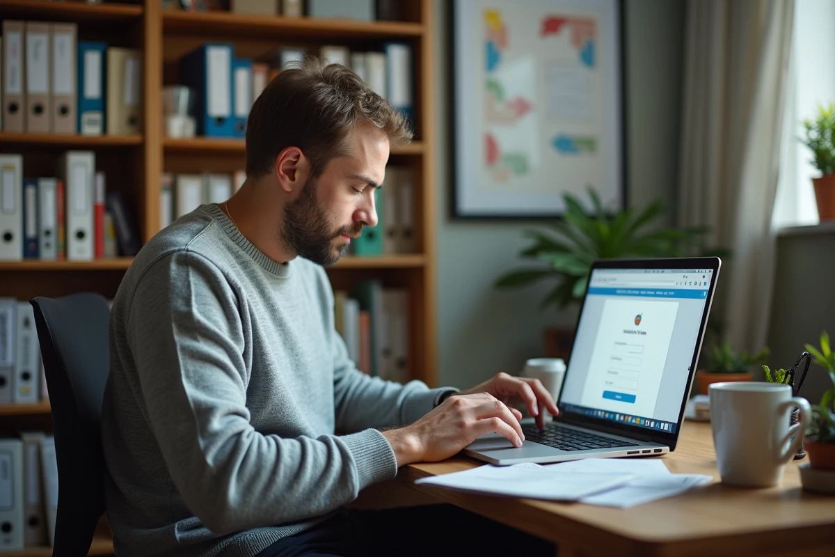 Agent administratif de l'éducation nationale se connectant à son webmail académique sur un ordinateur portable