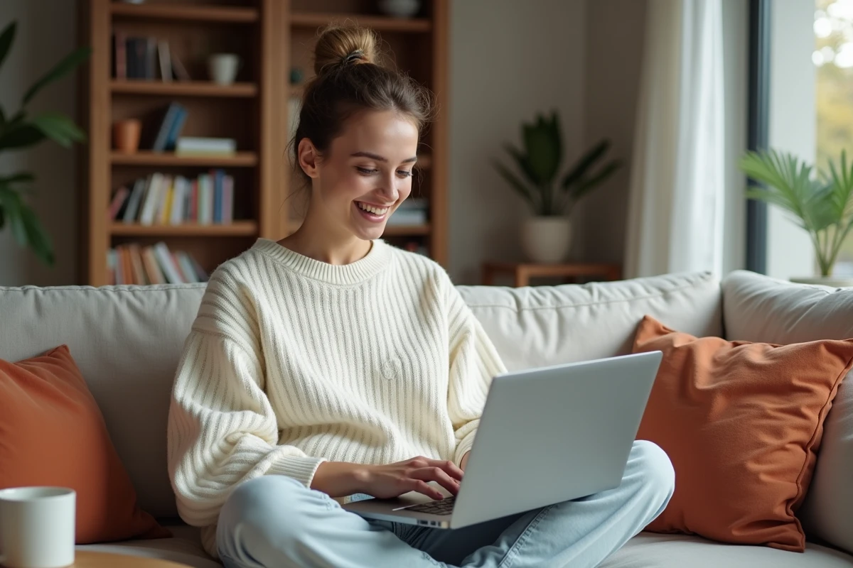 Jeune femme utilisant un outil en ligne pour alléger un fichier PDF et l'exporter en Word depuis son canapé