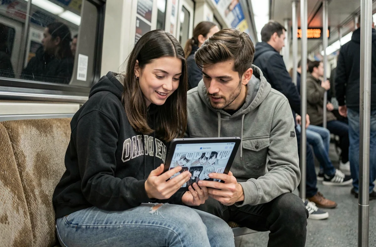 Deux amis consultant une application de scantrad sur tablette dans les transports en commun, illustration du manga numérique en mobilité