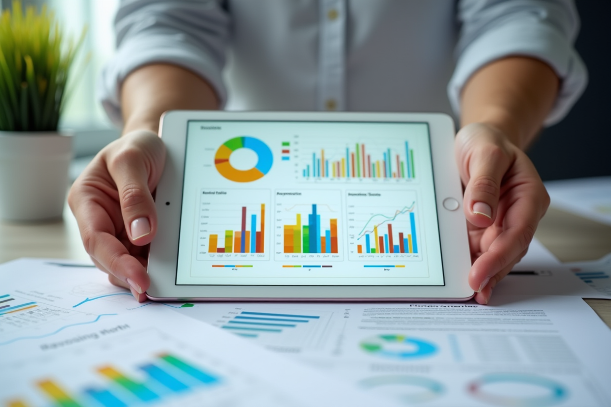 Mains tenant une tablette avec des analyses SEO colorées