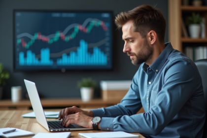 Homme d'affaires analysant des données sur son ordinateur au bureau