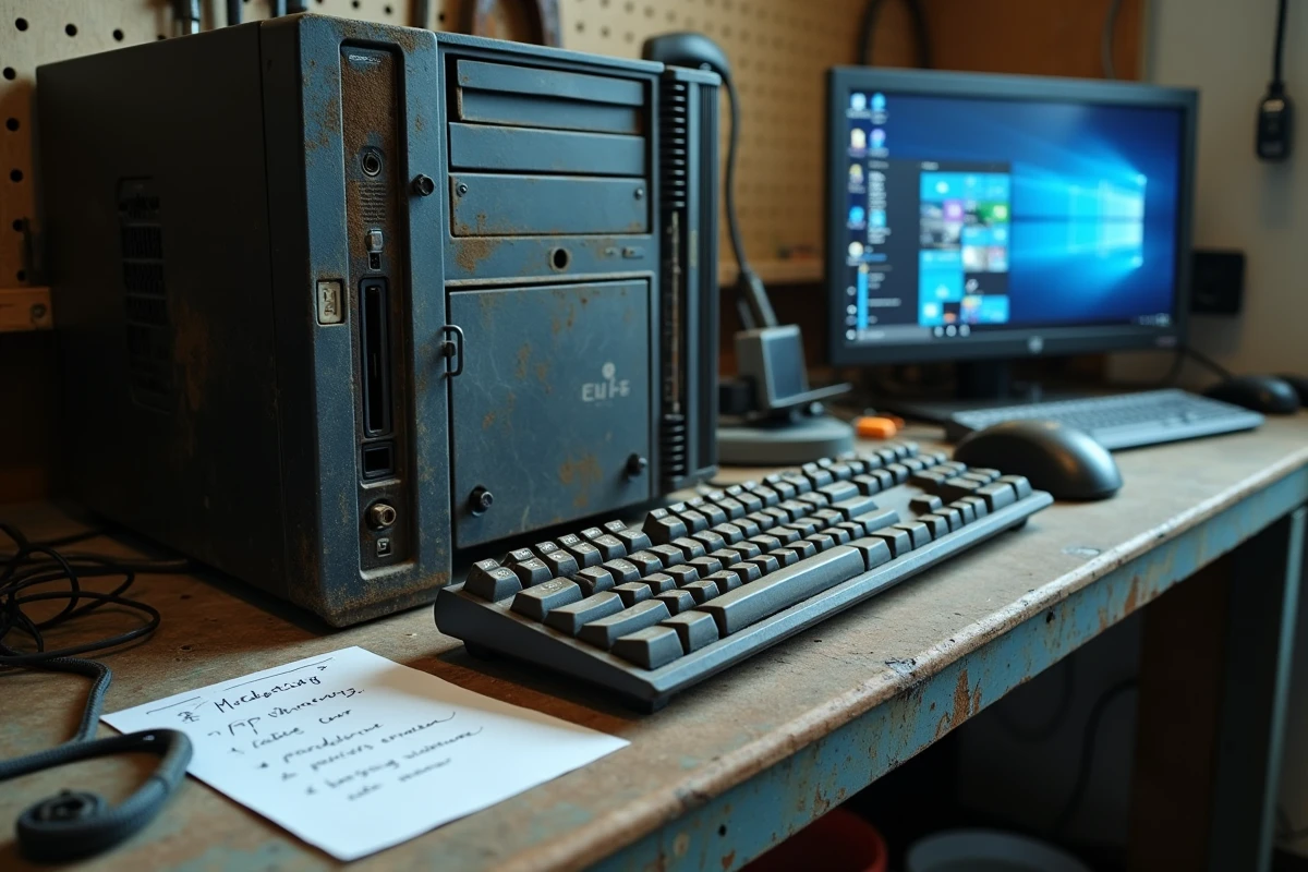 Gros plan sur un ancien ordinateur de bureau avec des notes manuscrites de migration Windows posées sur un bureau encombré