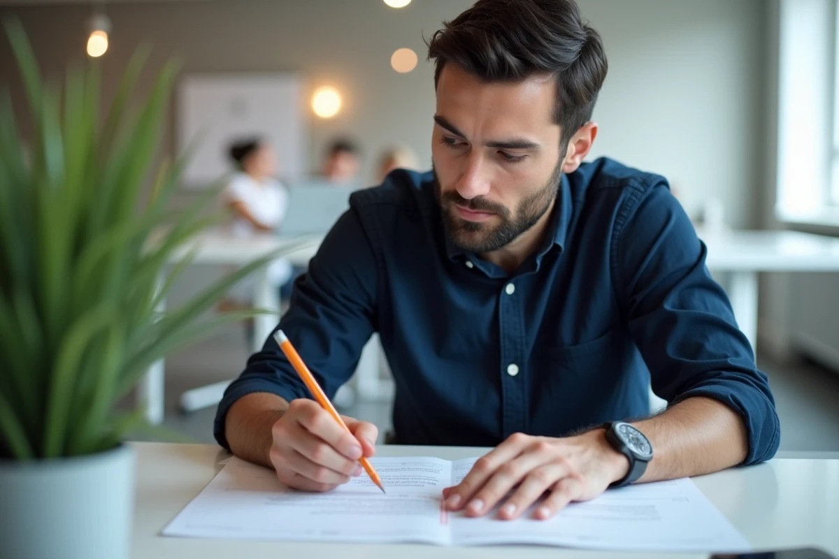 Homme en bureau collaboratif annotant des documents imprimés avec des marques de mise en forme typographique en gras et italique au crayon