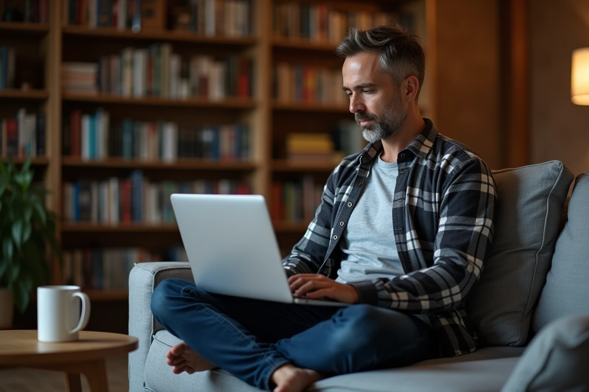 Homme sur un canapé utilisant une application Silverlight en mode compatibilité sur un ordinateur portable sous Windows