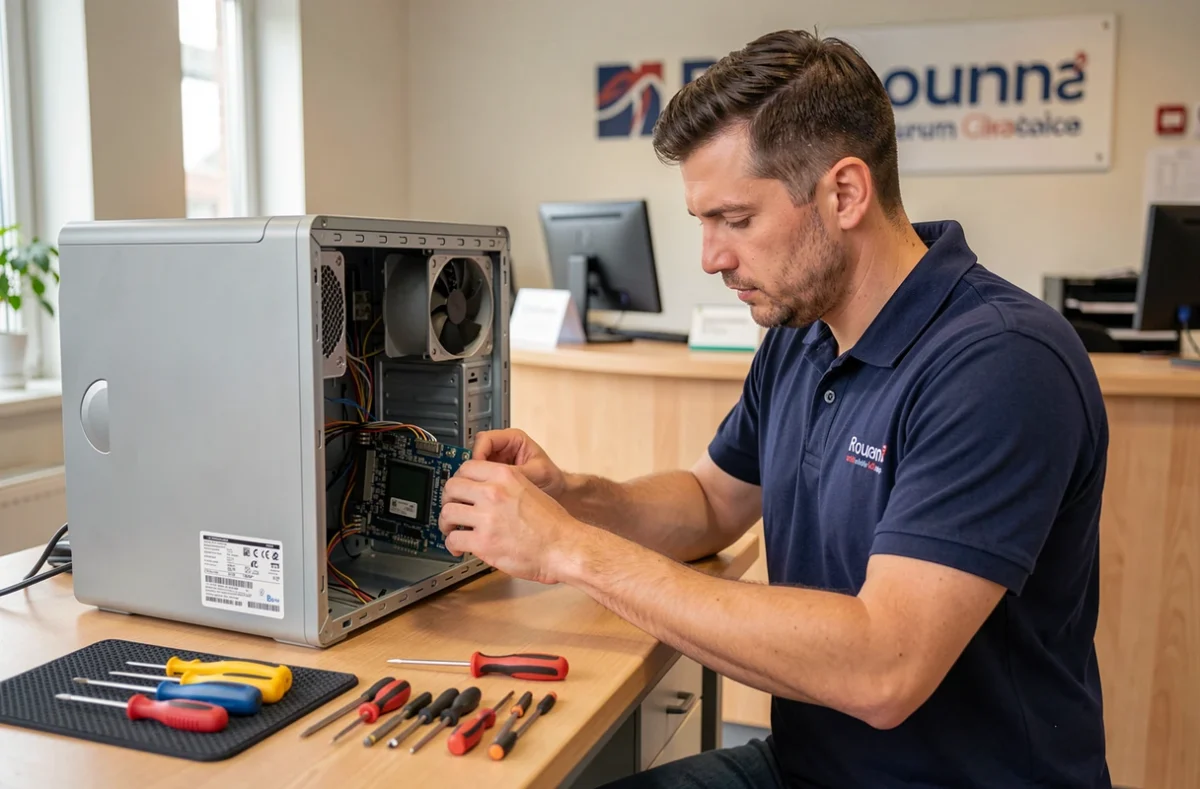 Technicien d'Assistance Informatique 76 réparant une carte mère dans son atelier à Rouen