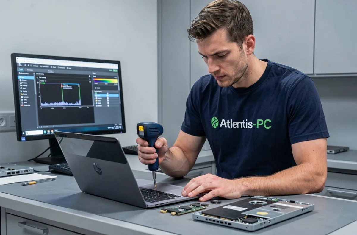 Technicien d'Atlantis-PC effectuant un diagnostic thermique sur un ordinateur portable