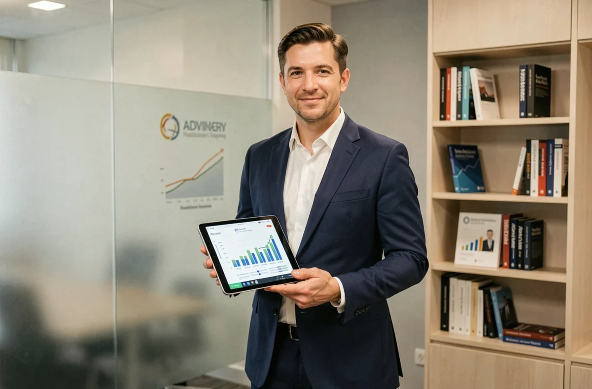Consultant de Baker Tilly Digital en costume marine présentant un audit de cybersécurité sur tablette dans une salle de réunion moderne