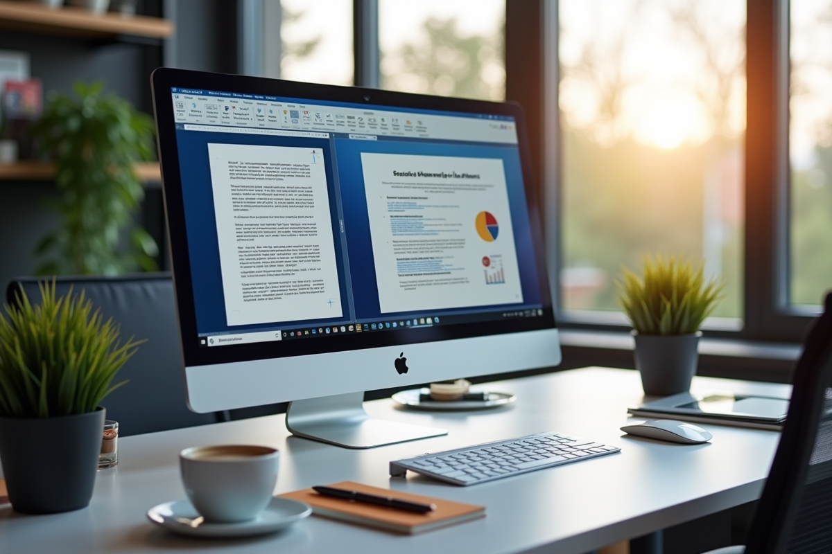 Bureau moderne avec ordinateur affichant Word et PowerPoint