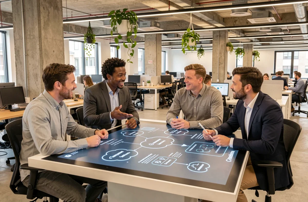 Équipe de consultants Capgemini collaborant autour d'une table tactile sur une architecture cloud dans un espace de travail moderne