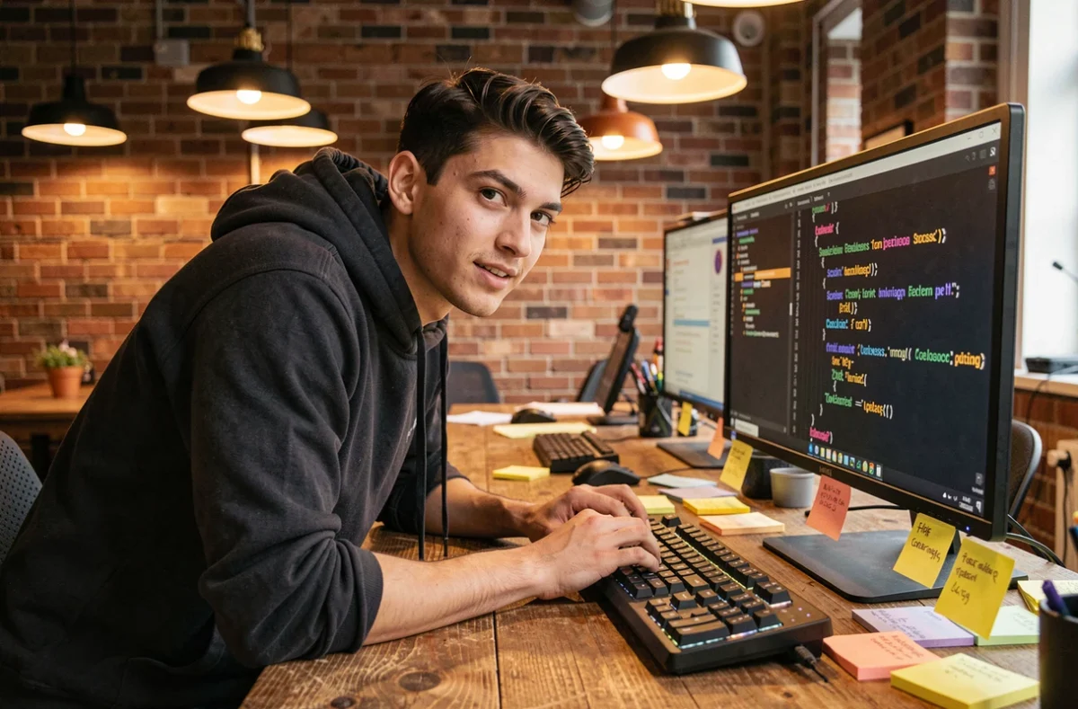 Développeur de l'agence Catapulpe penché sur son clavier mécanique dans un studio créatif aux murs en briques avec des notes et un écran de code CSS