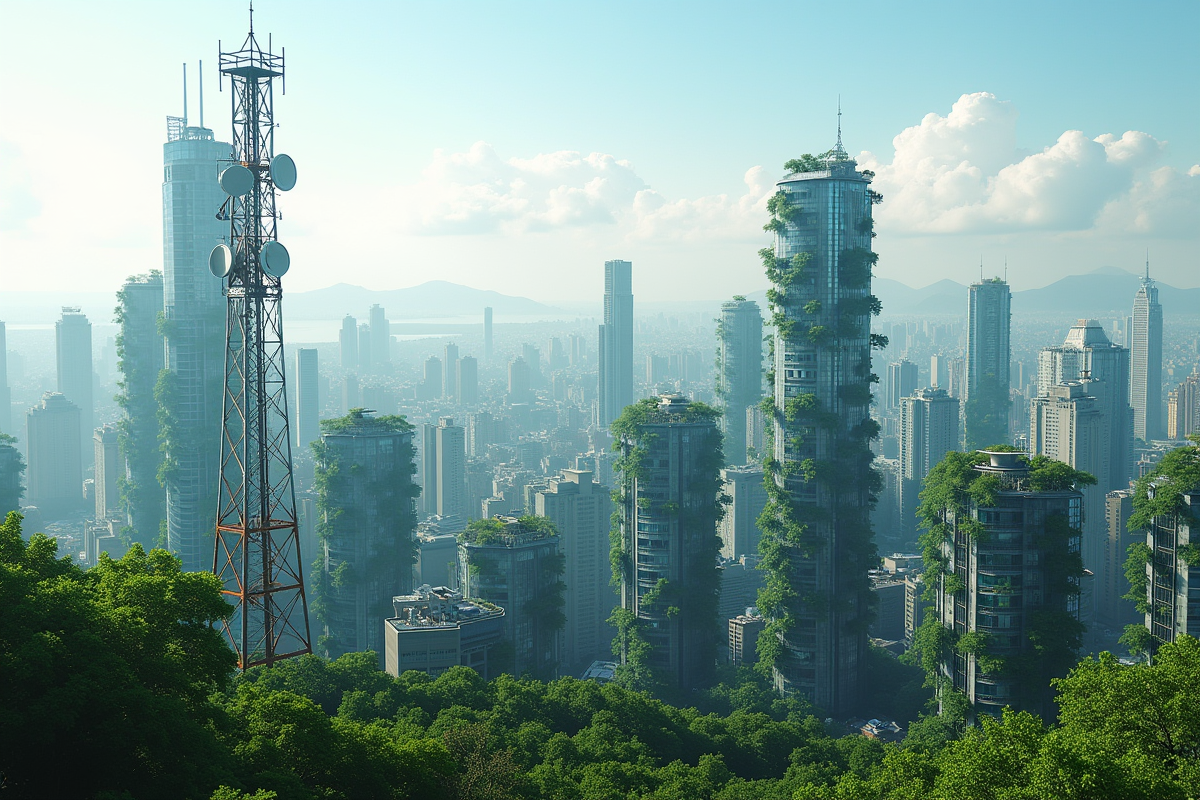 Silhouette urbaine moderne avec tours écologiques et panneaux solaires