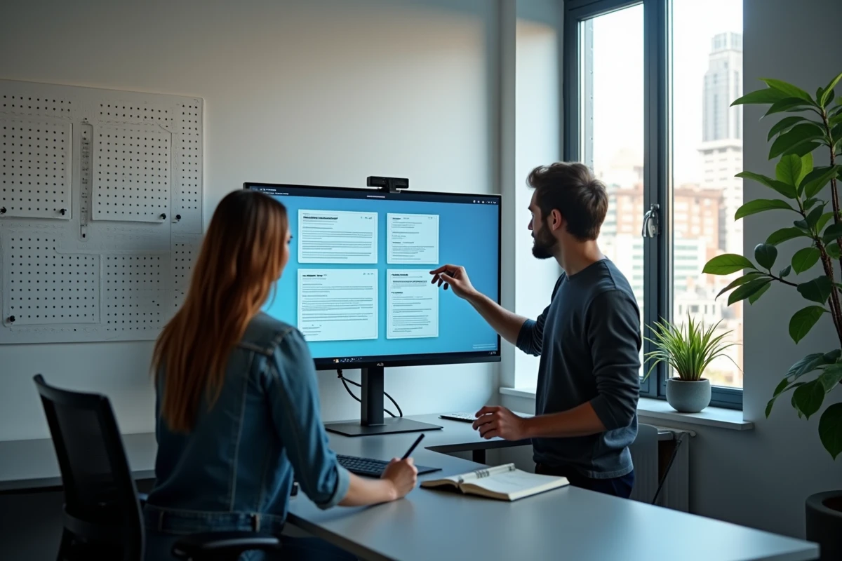 Deux designers web collaborant devant un écran affichant des composants UI superposés illustrant les problèmes de placement CSS