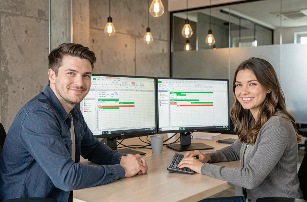 Deux collègues travaillant ensemble sur une grande série de données Excel avec des formules de soustraction sur deux écrans