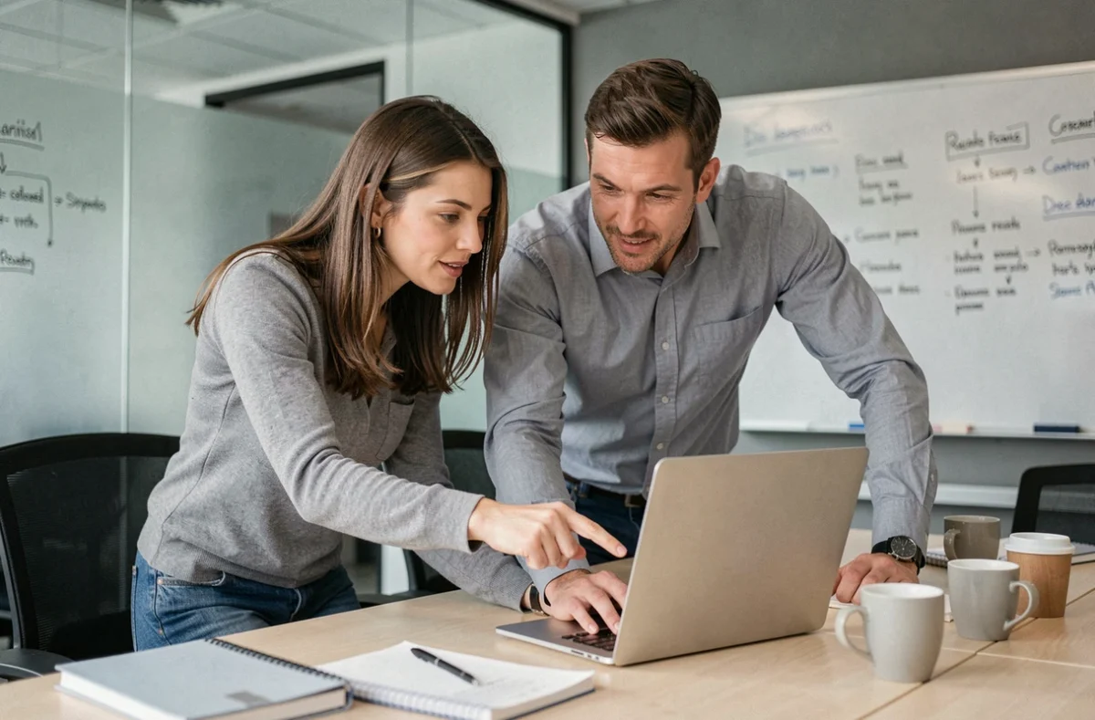 Deux collègues discutant des bonnes pratiques d'utilisation des champs Cc et Cci dans les emails professionnels en salle de réunion