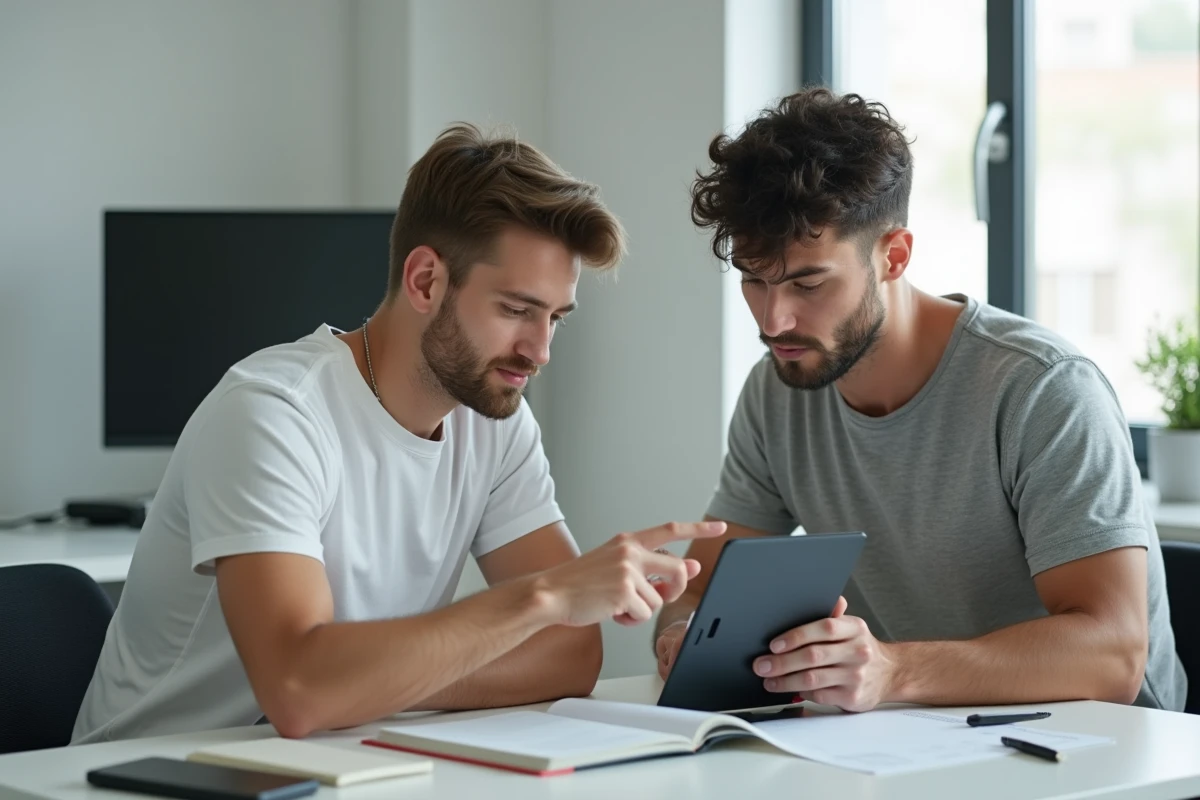 Deux collègues partageant le contenu d'une liseuse Kindle dans un espace de travail moderne et minimaliste
