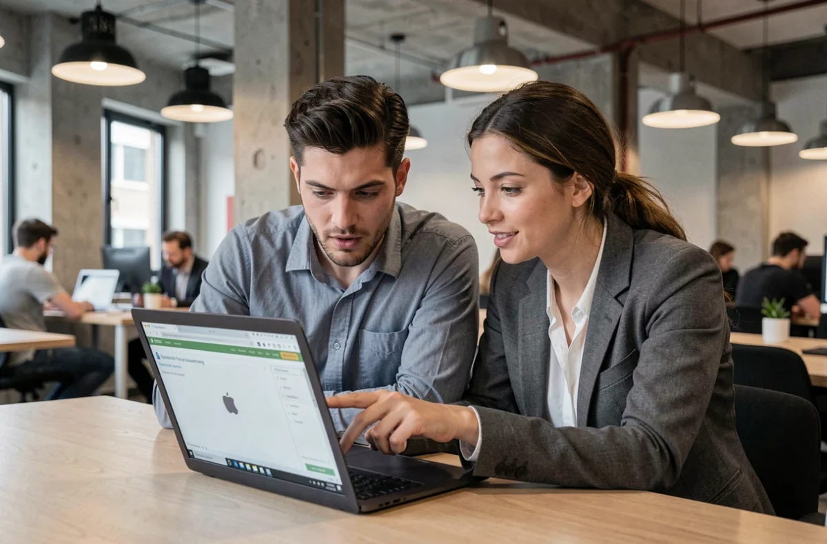 Deux collègues cherchant ensemble une solution à un problème de connexion webmail convergence dans un espace de coworking à Bordeaux