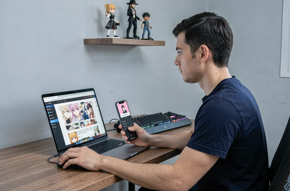 Homme comparant une application de scantrad sur smartphone et un site de lecture manga en ligne sur ordinateur portable