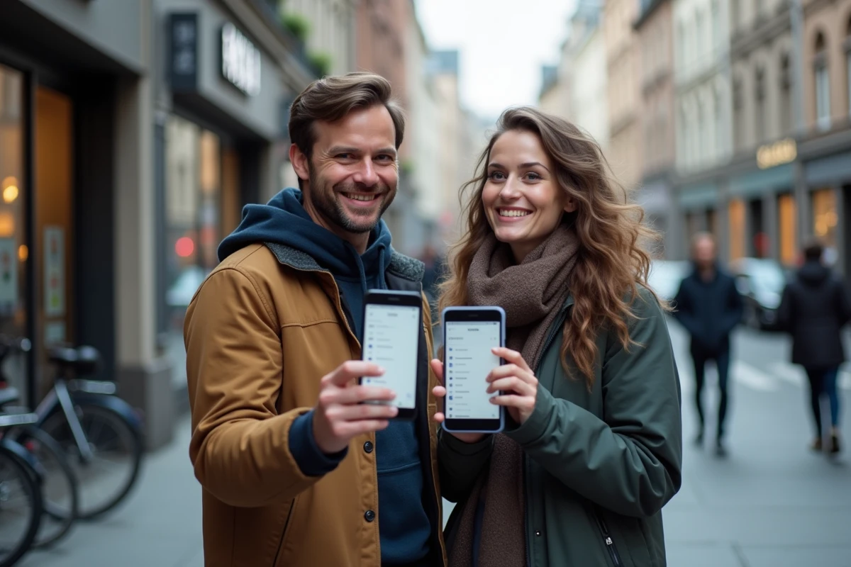 Deux personnes comparant des smartphones Google Pixel dans une rue animée en discutant des avis Android