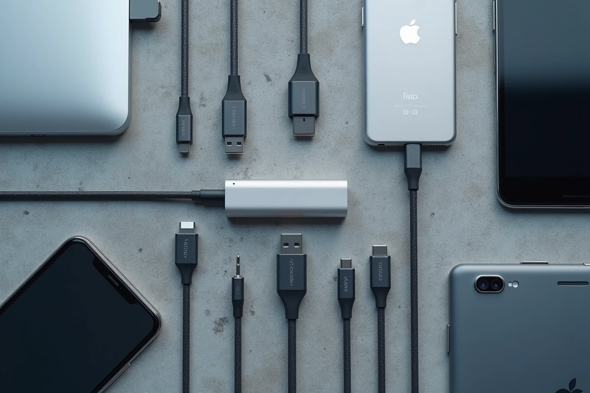 Comparaison câbles USB-C et USB-A posés à plat avec appareils électroniques modernes