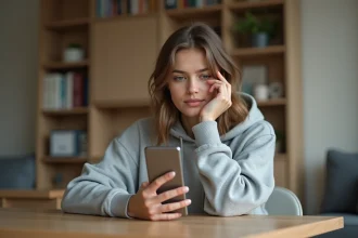 Jeune femme tenant un smartphone devant son visage dans un appartement moderne, illustrant l'anonymat sur les réseaux sociaux