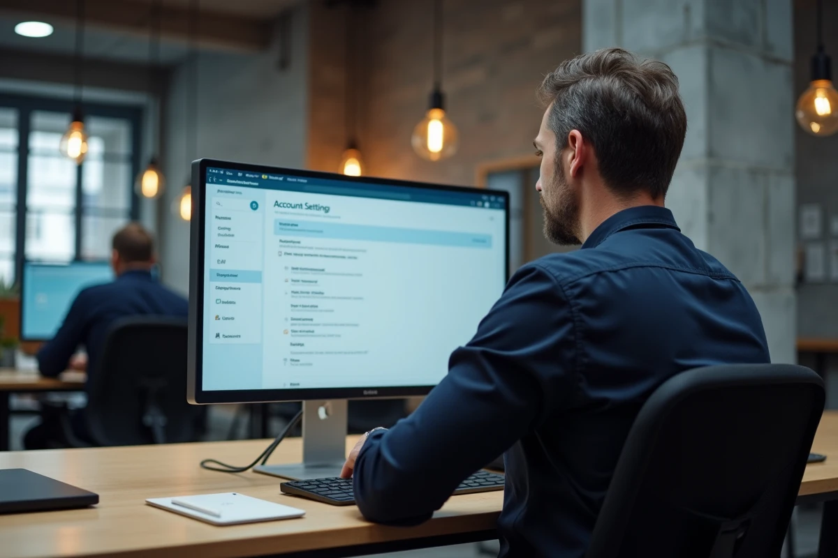 Homme configurant les réglages essentiels de son compte webapp dans un espace de coworking moderne