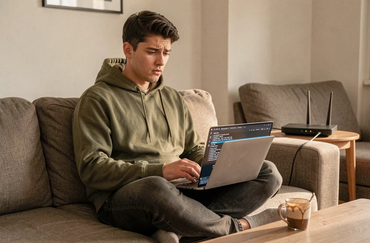 Jeune homme configurant les serveurs DNS sur son ordinateur portable depuis son canapé à la maison