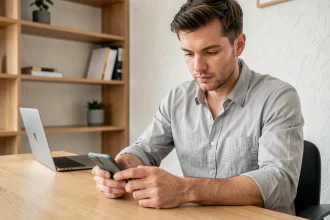 Homme configurant les réglages IMAP de son webmail Nancy Metz sur un smartphone Android au bureau