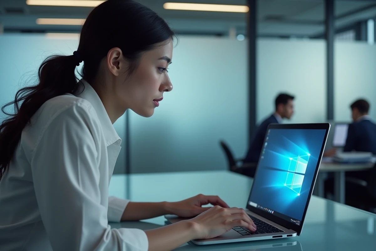 Femme configurant un navigateur compatible Silverlight sur Windows 11 dans un bureau moderne