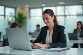 Nouvelle personnelle de l'académie de Versailles se connectant à sa messagerie institutionnelle Mel sur un ordinateur portable dans un bureau administratif