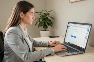 Femme connectée à son webmail sur un ordinateur portable dans un bureau à domicile moderne