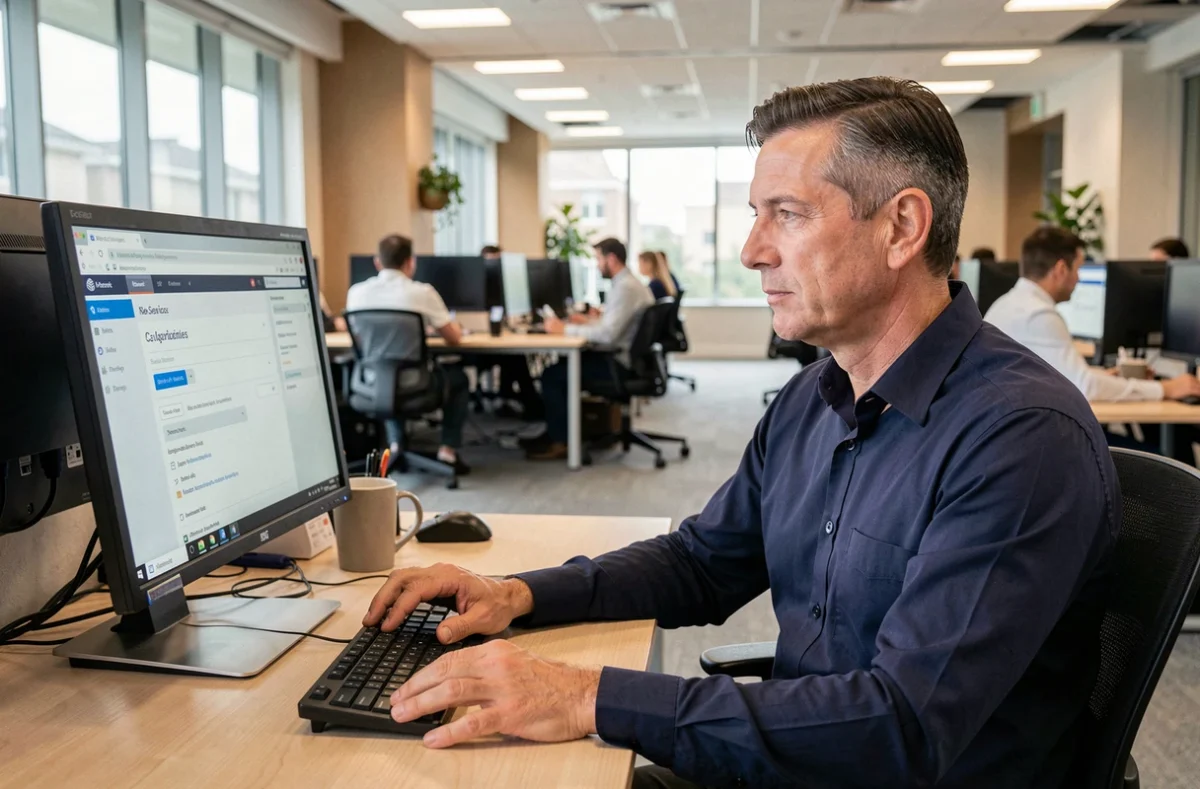 Homme se connectant à sa messagerie webmail dans un open space professionnel