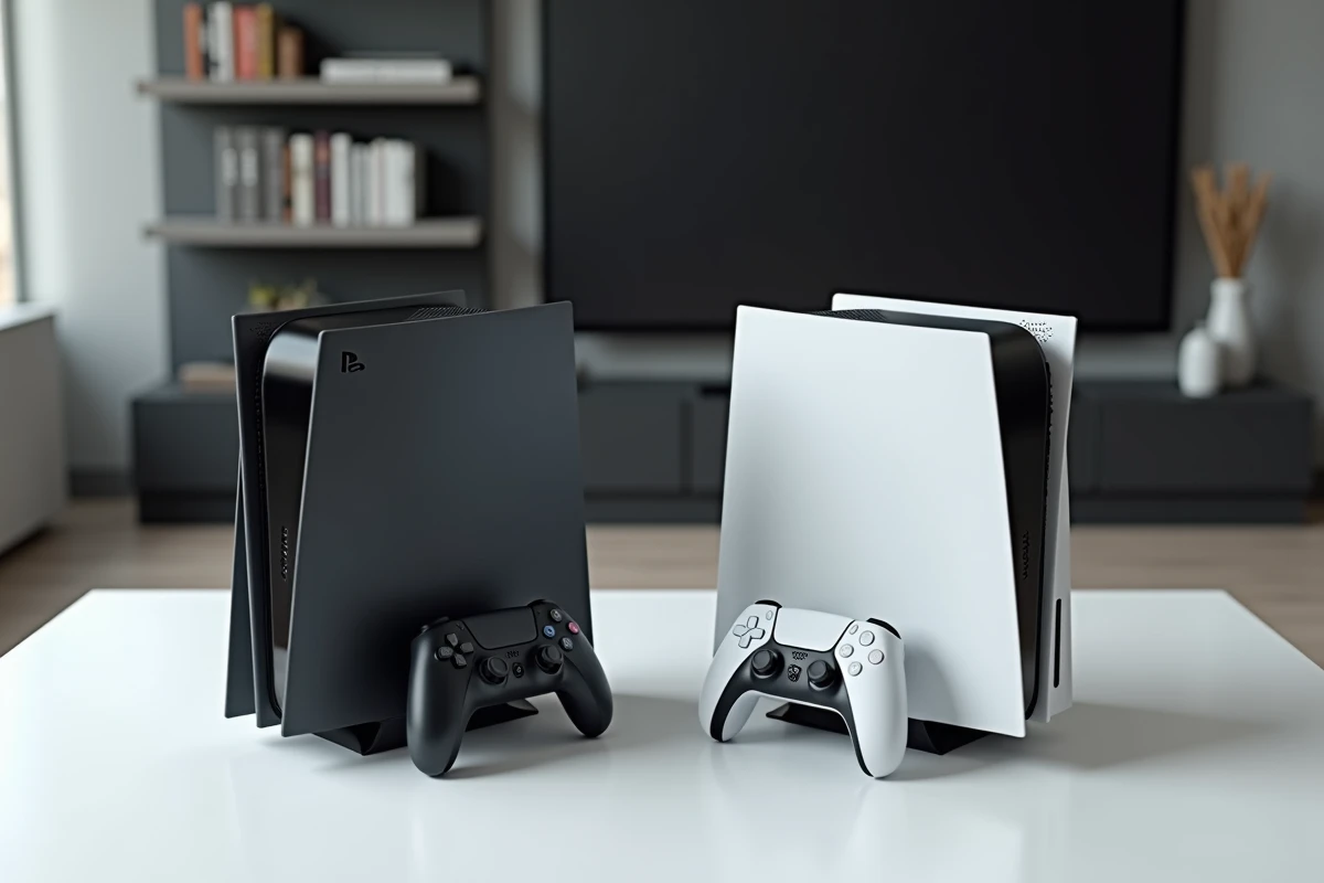 Deux consoles de jeux nouvelle génération côte à côte représentant la rivalité entre la Next Xbox et la PS6 de Sony dans un salon moderne