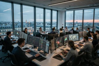 Centre opérationnel de cybersécurité en Île-de-France avec analystes devant des écrans de surveillance réseau
