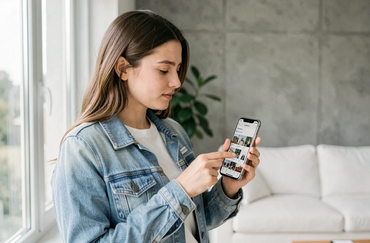 Jeune femme consultant la galerie de photos récupérées depuis Samsung Cloud sur son smartphone