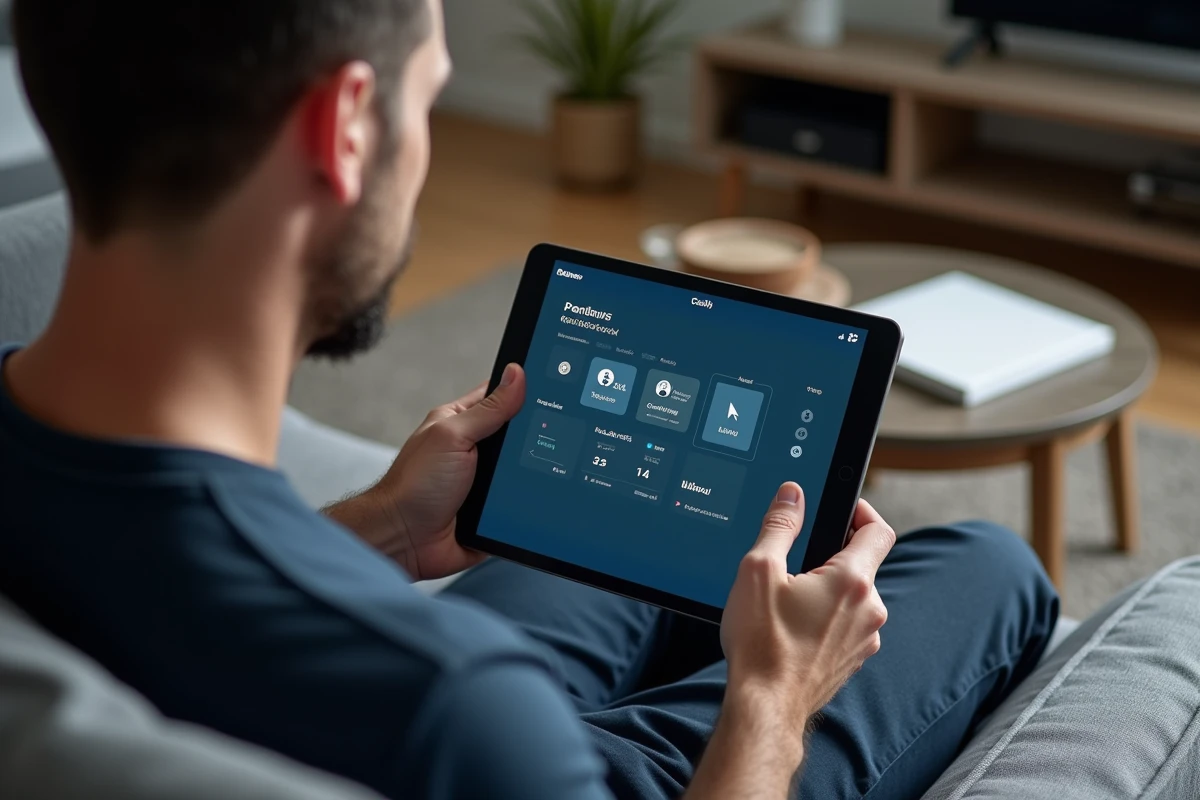 Homme paramétrant les restrictions parentales sur tablette via l'interface Freebox OS dans le salon