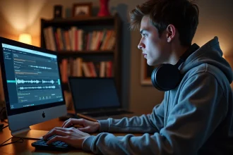 Jeune homme utilisant un logiciel de conversion audio WAV sur un ordinateur portable dans un studio maison