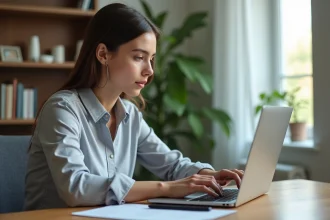 Femme convertissant un fichier PDF en Word léger sur un ordinateur portable dans un bureau moderne