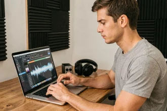 Jeune homme ajustant des paramètres audio sur un logiciel d'édition de son pour convertir une vidéo YouTube 4K en MP3 de haute qualité