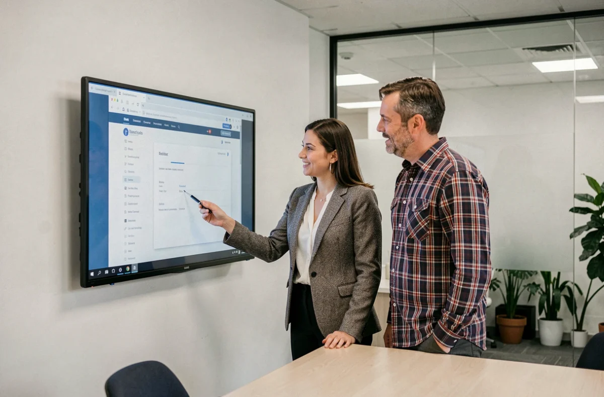 Deux professionnels de l'agence Dedi Agency en train de réviser un projet web ensemble devant un grand écran dans une salle de réunion moderne