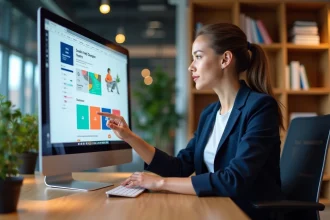 Designer web professionnelle travaillant sur la création d'un site internet dans une agence moderne