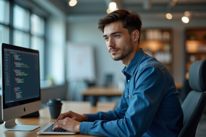 Jeune developpeur logiciel au bureau avec schéma de base de donnees