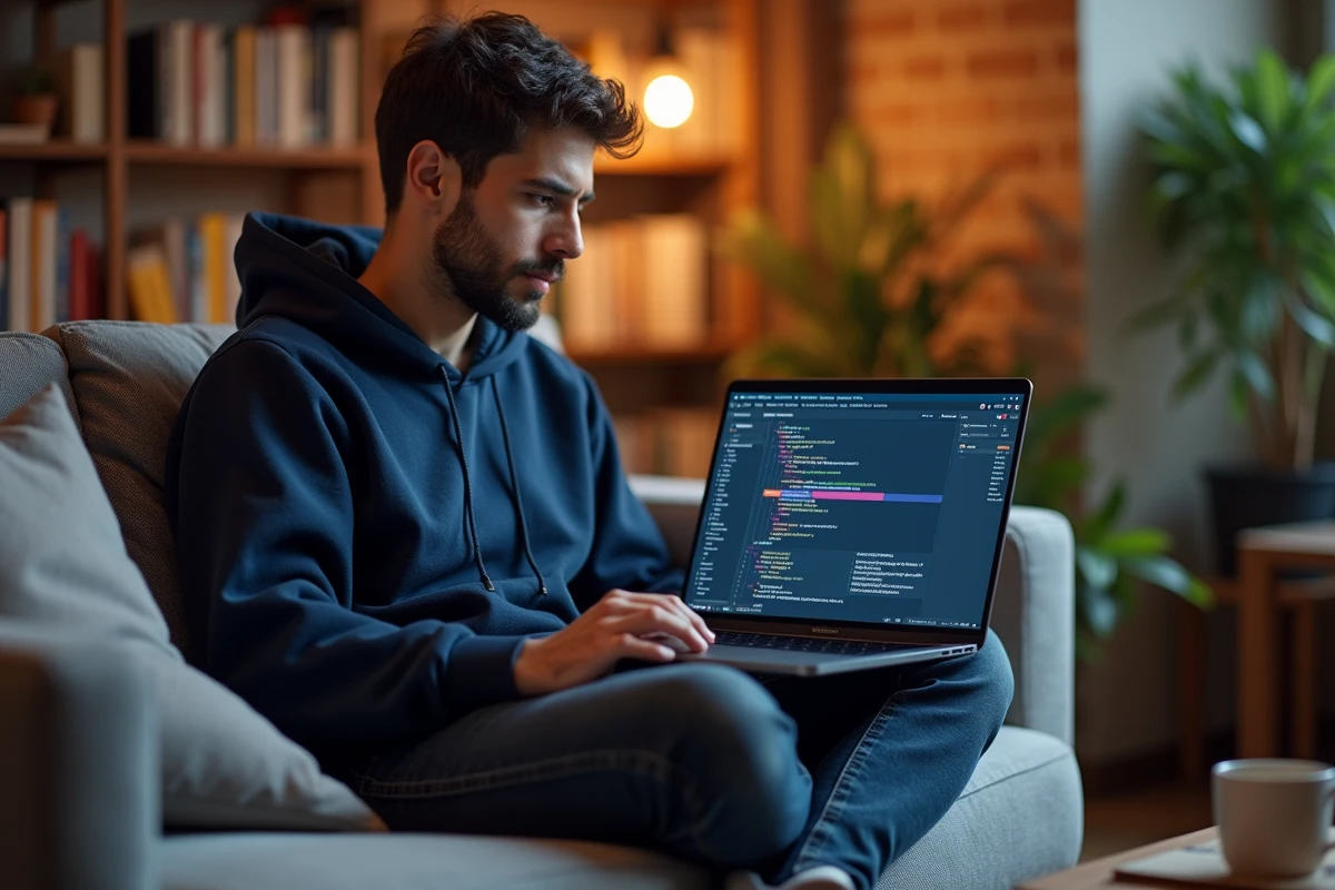 Développeur web à domicile analysant les superpositions CSS et les contextes d'empilement dans les DevTools du navigateur